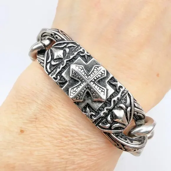 Unisex Gothic Knights Templar Biker Bracelet Cross Curb Rider Stainless Steel 8" - Picture 2 of 9